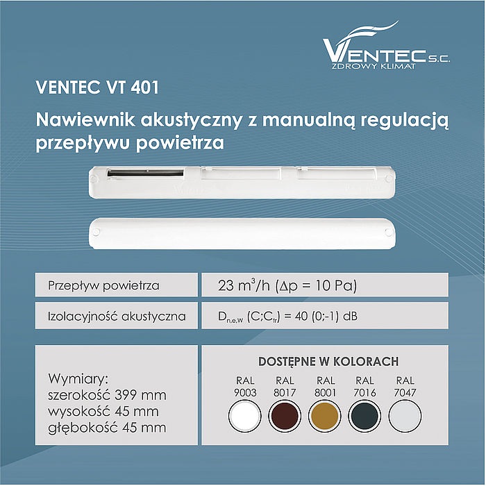 Nawiewnik akustyczny z manualną regulacją przepływu powietrza VENTEC VT 401