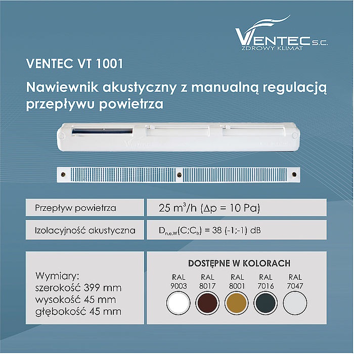 Nawiewnik akustyczny z manualną regulacją przepływu powietrza VENTEC VT 1001